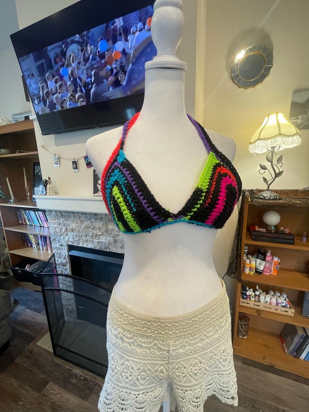 black and neon multicolor crochet bra handmade